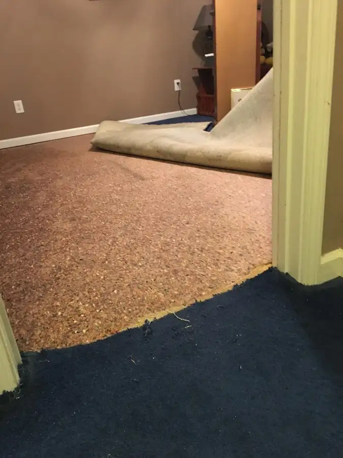 Carpet pad removal revealing water damage during Drying & Dehumidification in Cuero